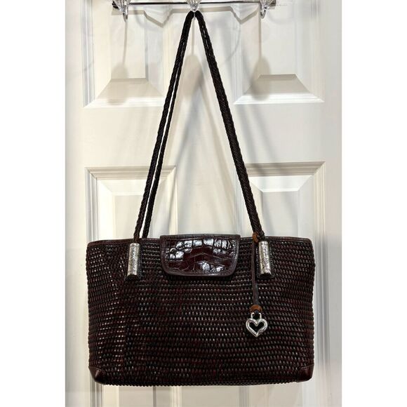 BRIGHTON - Vtg Two-Tone Brown Woven Leather Shoulder Bag/Croc-Embossed Closure - Picture 16 of 16